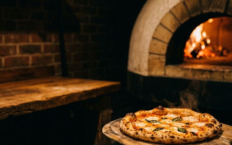 Cuadro A: la llama del horno está baja y sobre la pizza se ve apenas un hilo de vapor.