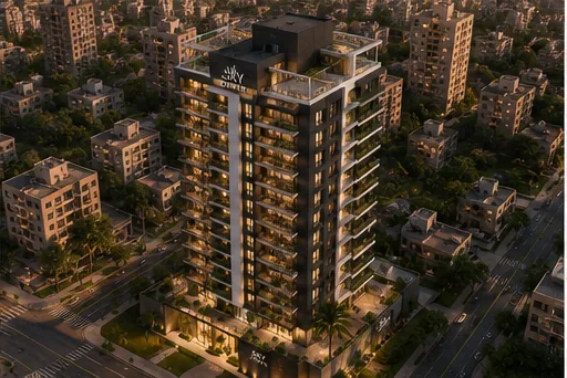 Vista aérea del barrio con Sky Tower destacándose entre las casas y edificios bajos