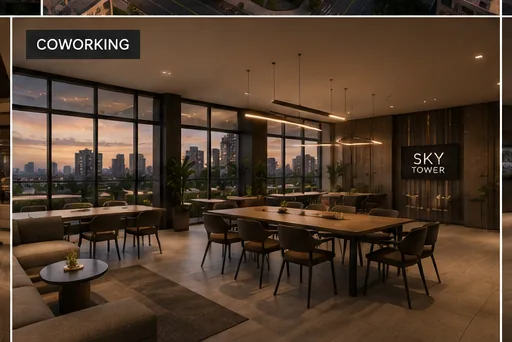 Sala de coworking con mesas y vista a la ciudad