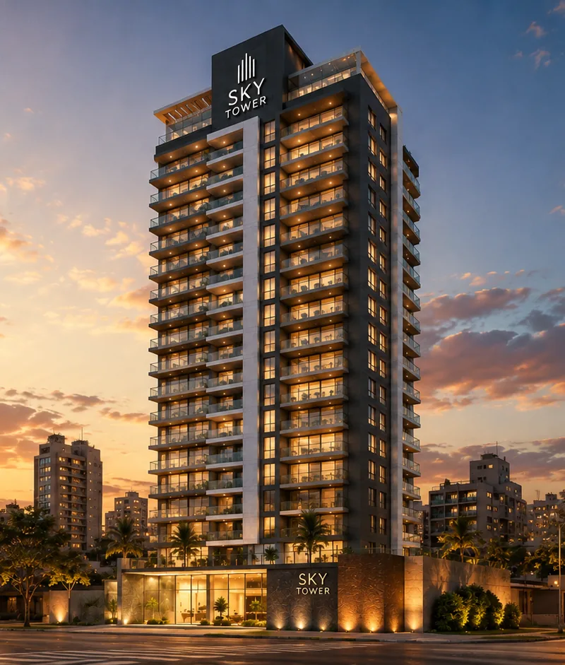 Render de la fachada de Sky Tower al atardecer, vista desde la avenida