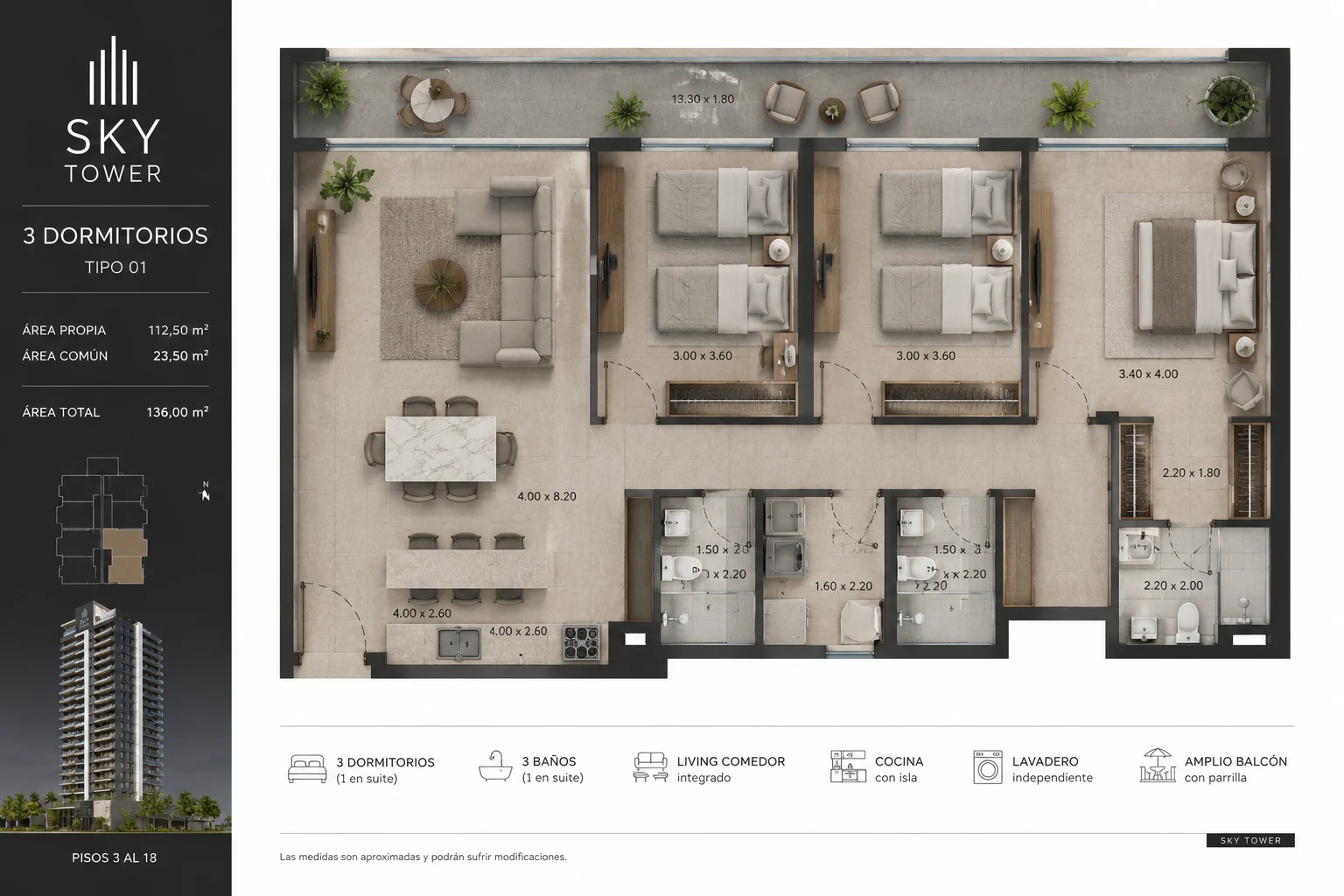 Plano del departamento de 3 dormitorios Tipo 01, 136 m² totales, pisos 3 al 18