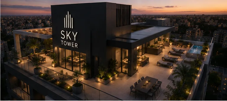 Vista aérea del rooftop de Sky Tower con piscina y terrazas al atardecer
